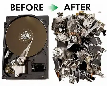 Photograph showing a hard drive "Before" and "After" destruction. The "Before" hard drive is intact, while the "After" hard drive is a pile of broken metal pieces. A green arrow points from "Before" to "After".