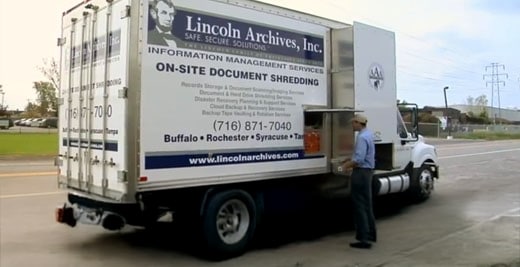 Photograph of a Lincoln Archives, Inc. truck providing on-site document shredding services.